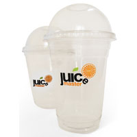 Branded plastic cups with a domed lid
